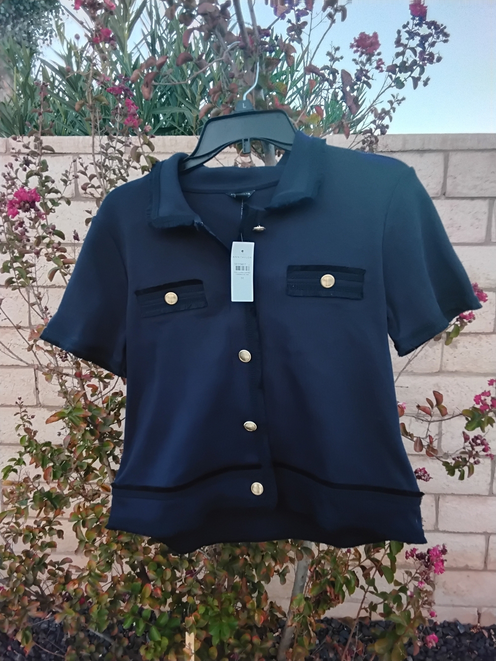 Ann Taylor Navy Short-Sleeve Button Front Blouse with Gold Buttons